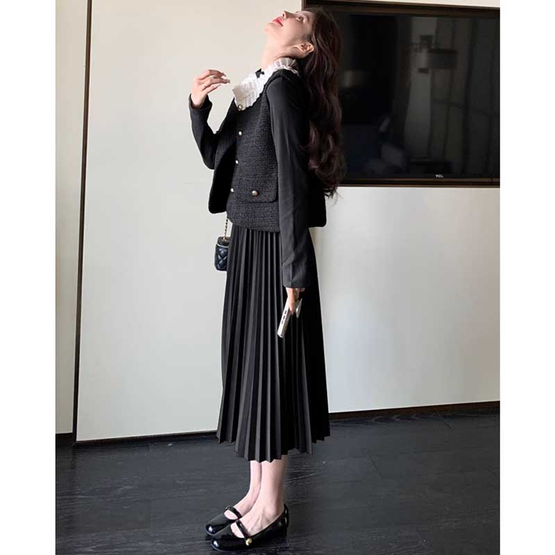 シフォンカラーベスト×プリーツスカートワンピース(2colors)