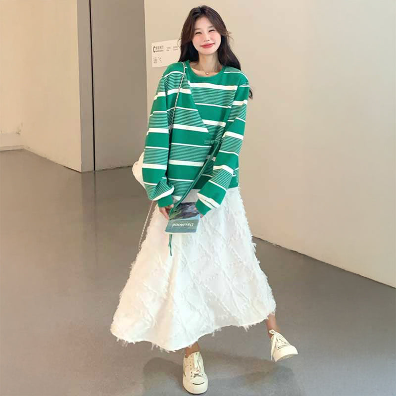 Aライントップボーダーワンピース（緑・白）春/秋 フェイクツーピース