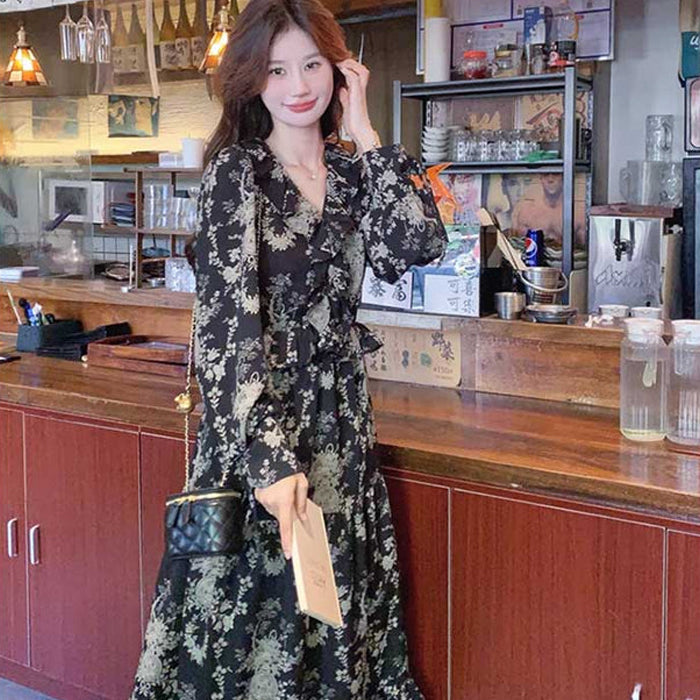 シックフラワーシフォンワンピース