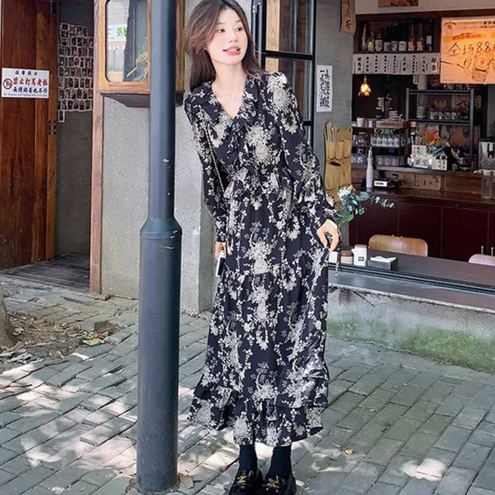 シックフラワーシフォンワンピース