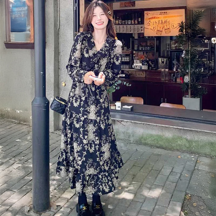 シックフラワーシフォンワンピース