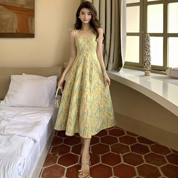 チューリップ柄ビスチェフレアワンピース