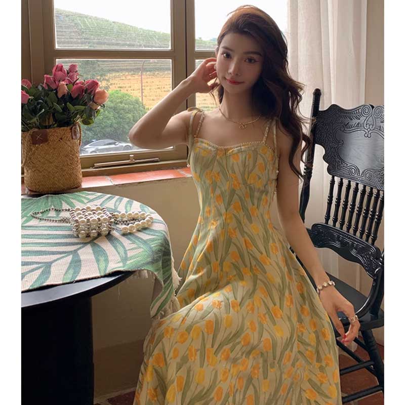 チューリップ柄ビスチェフレアワンピース