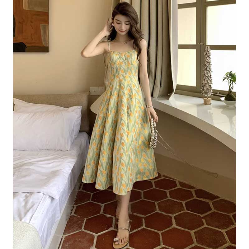 チューリップ柄ビスチェフレアワンピース