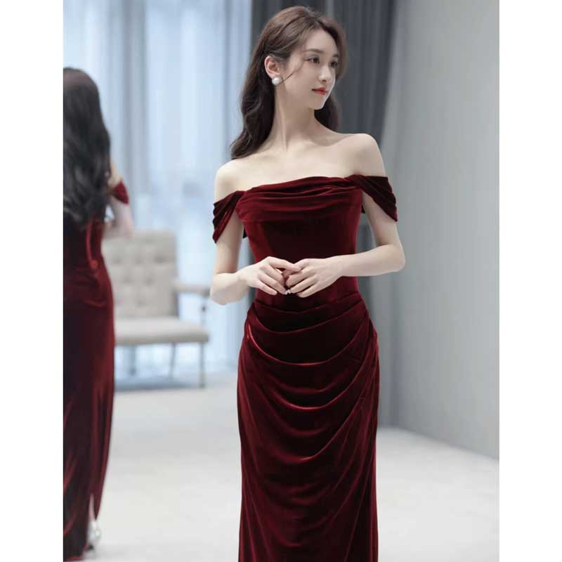 オフショルダーベロアロングワンピース