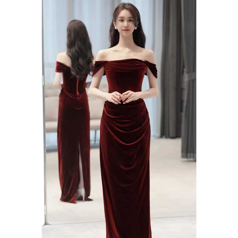 オフショルダーベロアロングワンピース