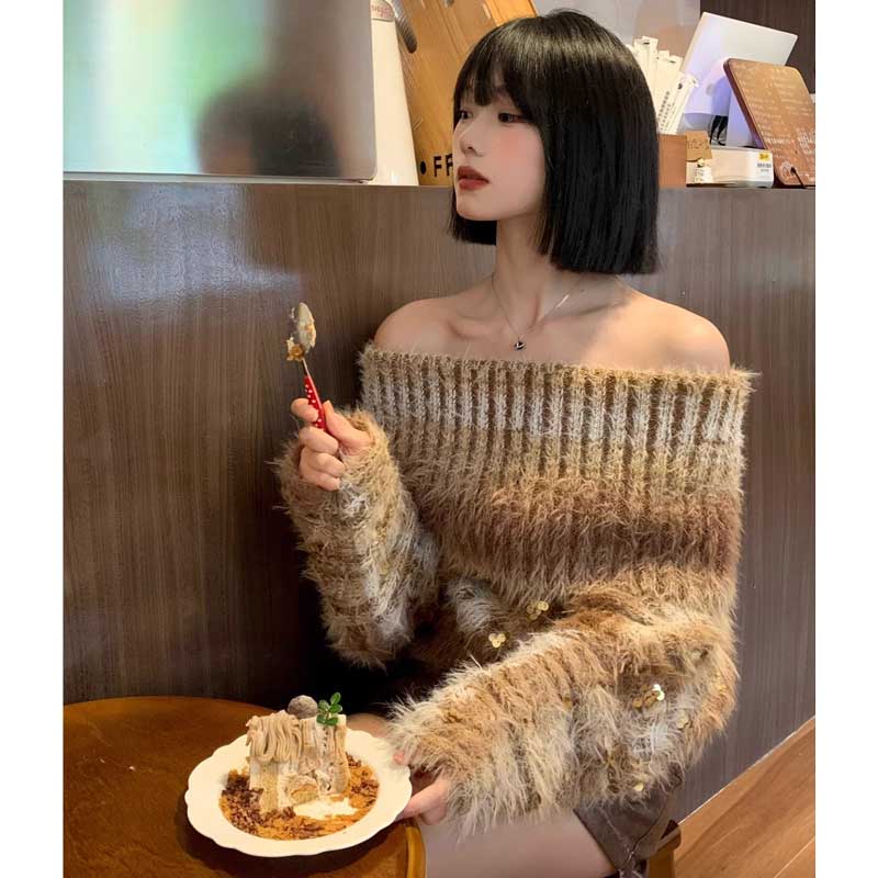 オフショルダーシャギーニット