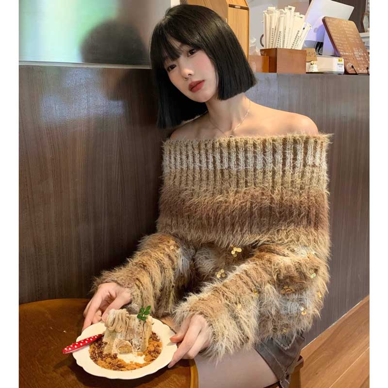 オフショルダーシャギーニット