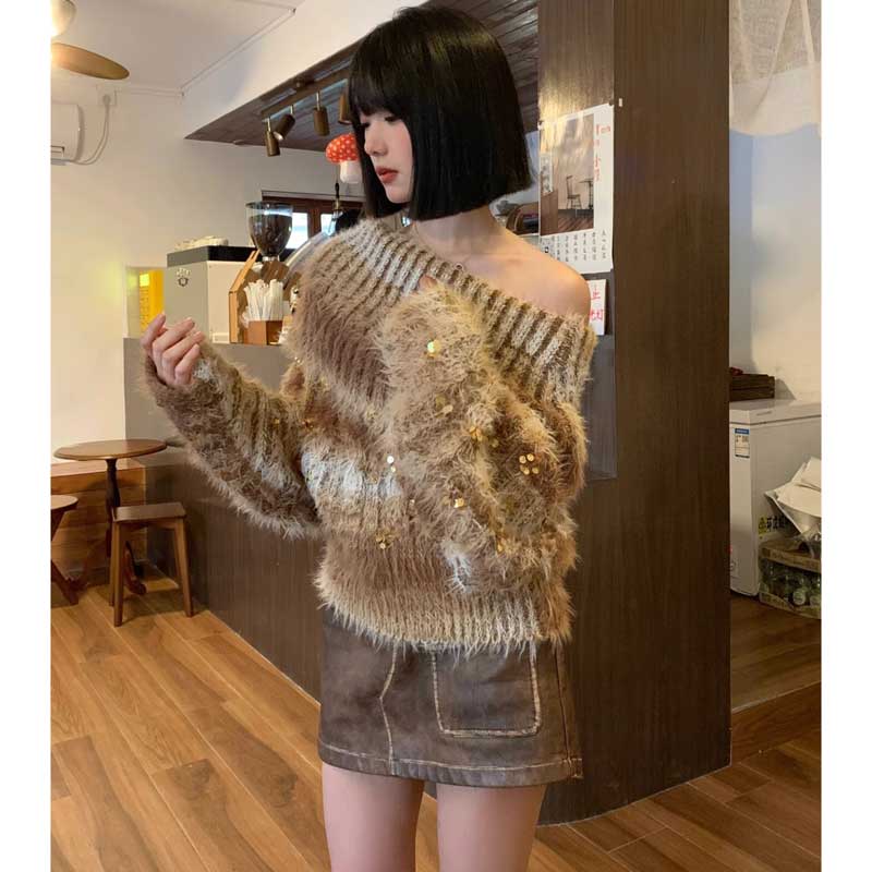 オフショルダーシャギーニット