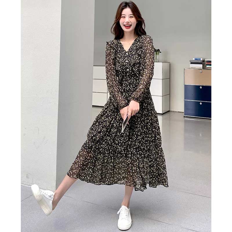 Vネックシフォンワンピース