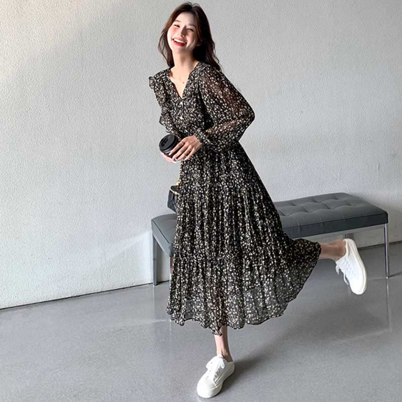 Vネックシフォンワンピース