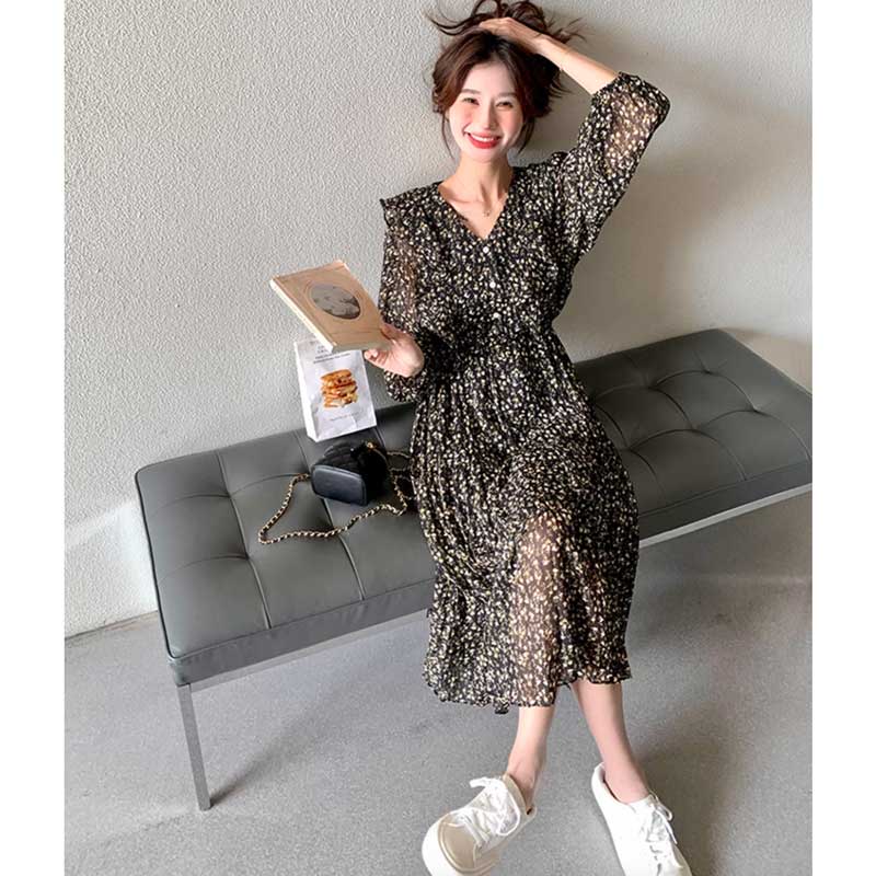 Vネックシフォンワンピース