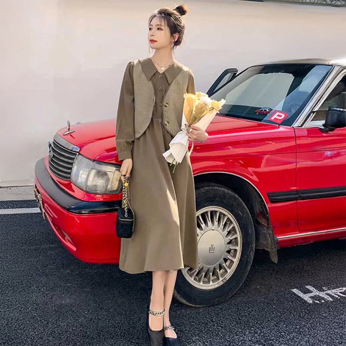 チェックベスト×ウエストギャザーワンピース(2colors)