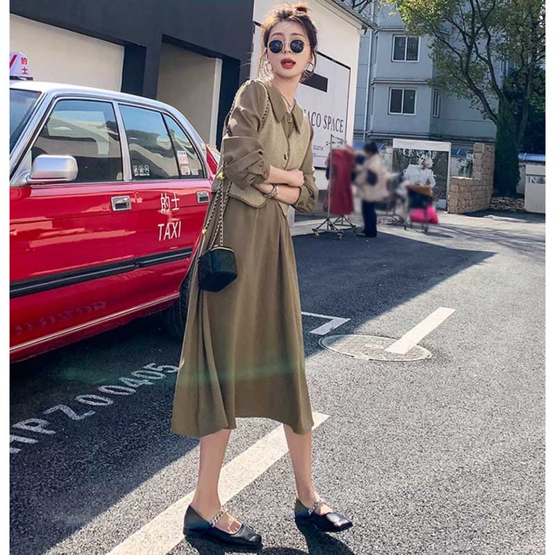 チェックベスト×ウエストギャザーワンピース(2colors)