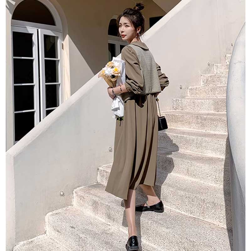 チェックベスト×ウエストギャザーワンピース(2colors)