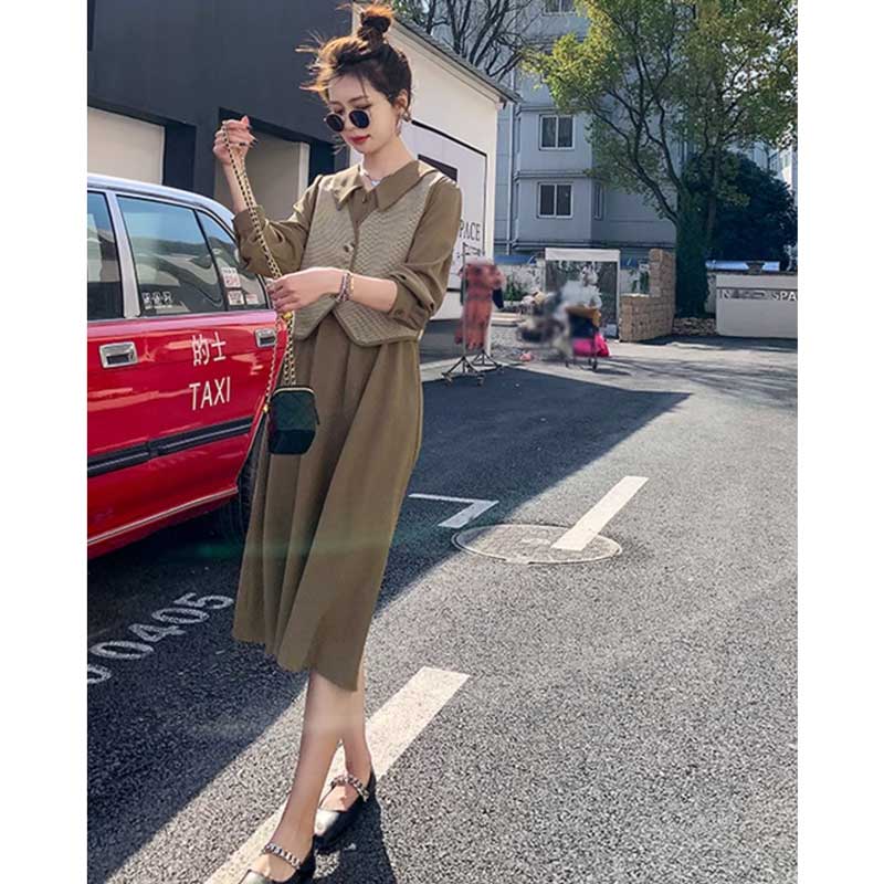 チェックベスト×ウエストギャザーワンピース(2colors)