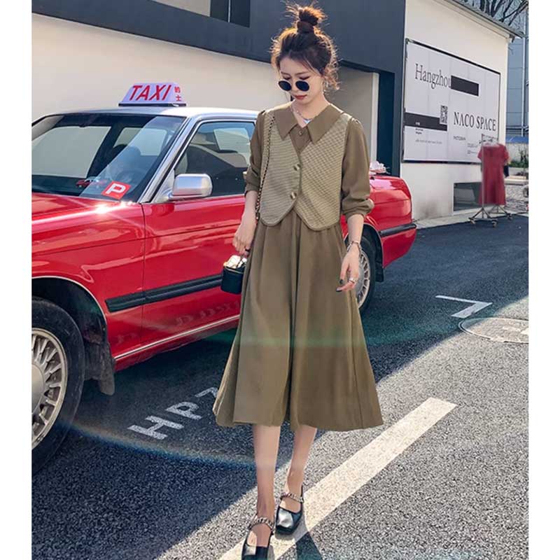 チェックベスト×ウエストギャザーワンピース(2colors)