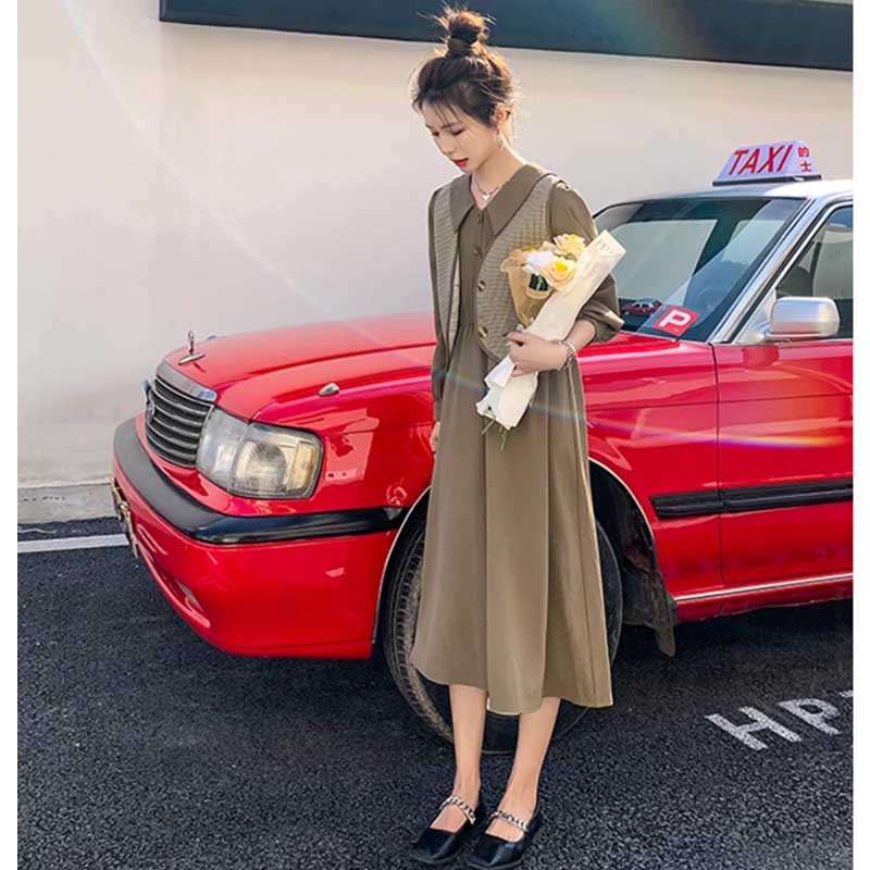 チェックベスト×ウエストギャザーワンピース(2colors)