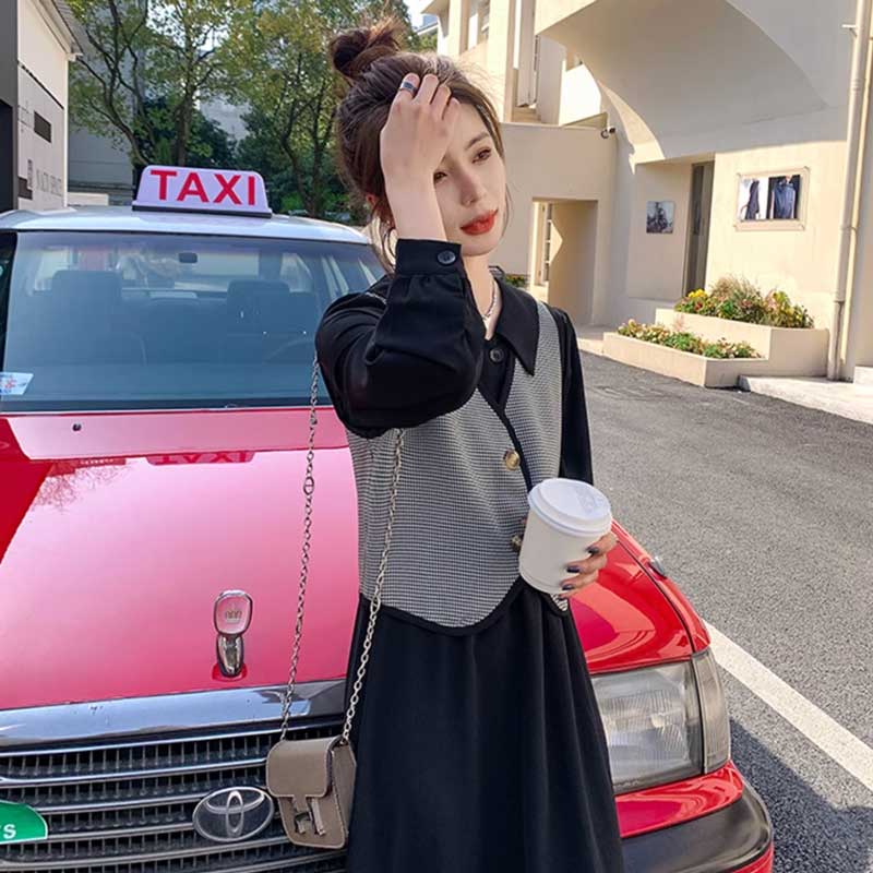 チェックベスト×ウエストギャザーワンピース(2colors)