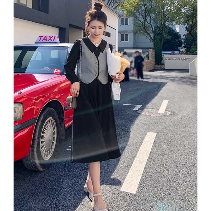 チェックベスト×ウエストギャザーワンピース(2colors)