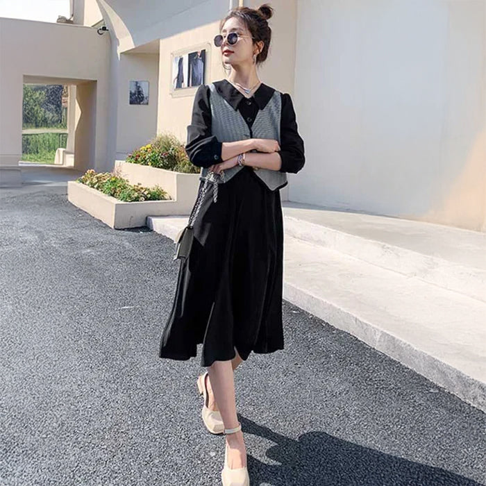 チェックベスト×ウエストギャザーワンピース(2colors)