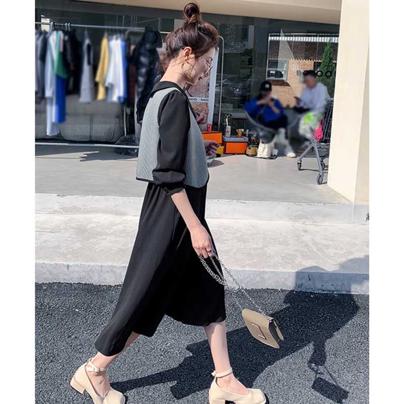 チェックベスト×ウエストギャザーワンピース(2colors)