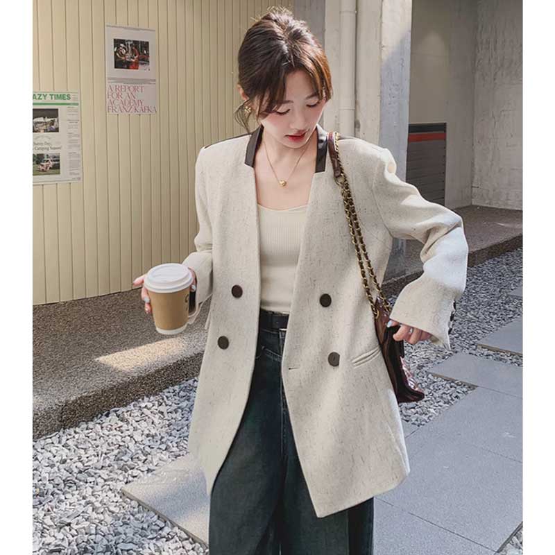 バックレザー切り替えツイードジャケット