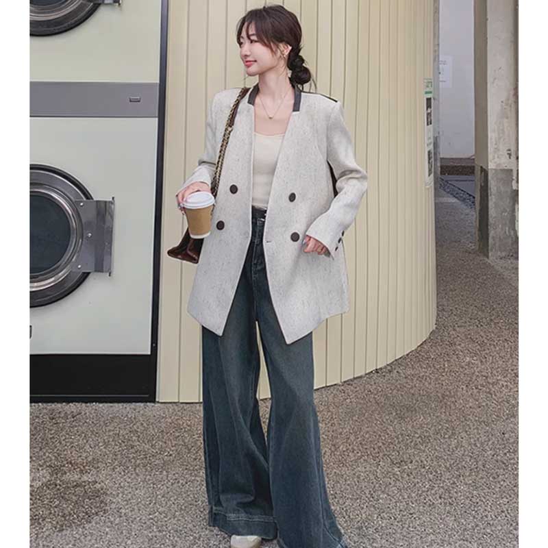 バックレザー切り替えツイードジャケット