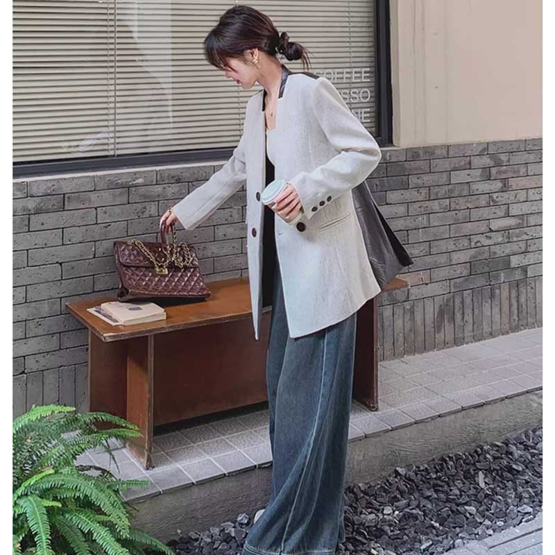 バックレザー切り替えツイードジャケット