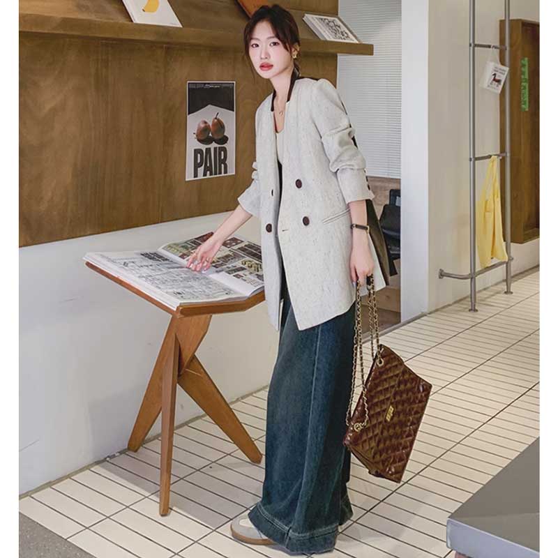 バックレザー切り替えツイードジャケット