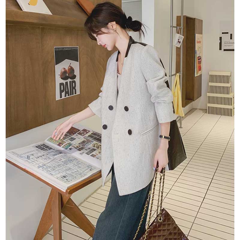 バックレザー切り替えツイードジャケット