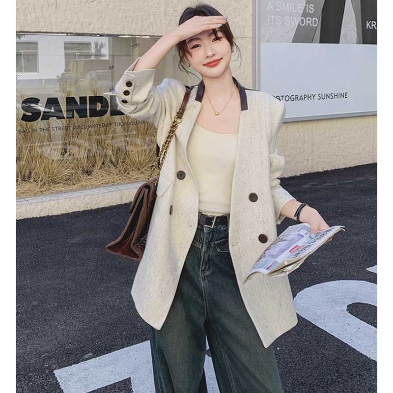 バックレザー切り替えツイードジャケット