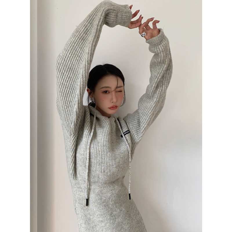 【即納】フーディーリブニットワンピース