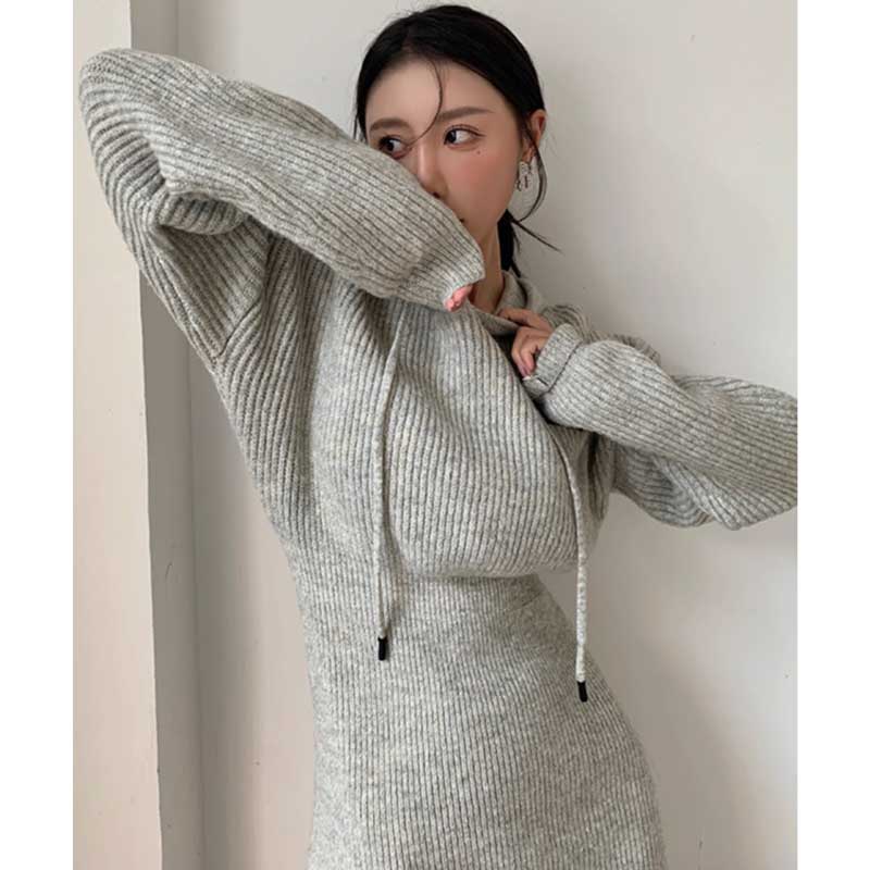 【即納】フーディーリブニットワンピース