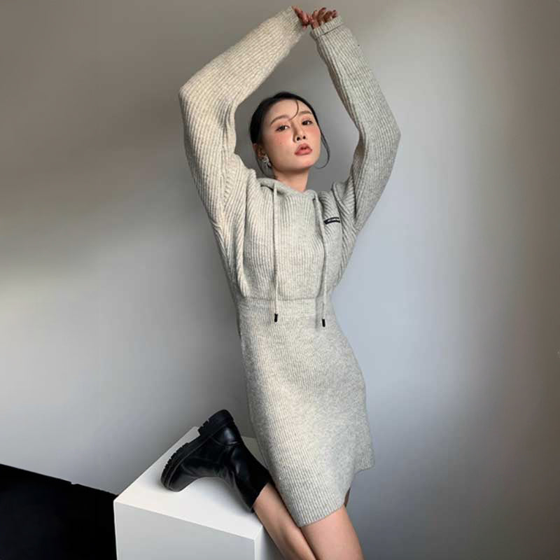 【即納】フーディーリブニットワンピース