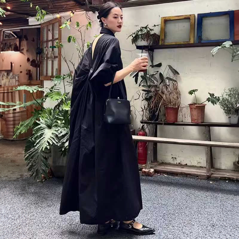 バックオープンワンピース（黒）春/秋 背中見せでセクシーに