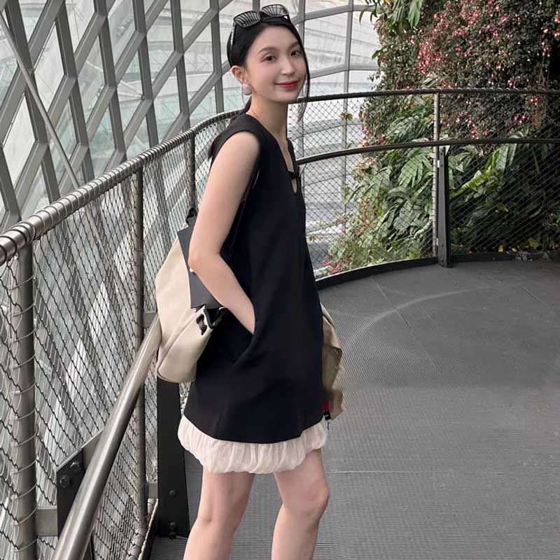 裾チュールノースリーブワンピース