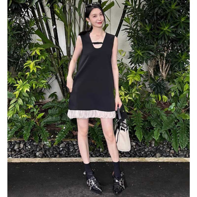 裾チュールノースリーブワンピース