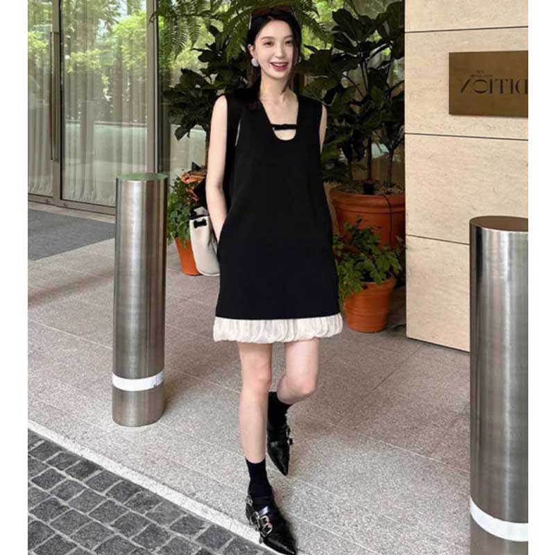 裾チュールノースリーブワンピース