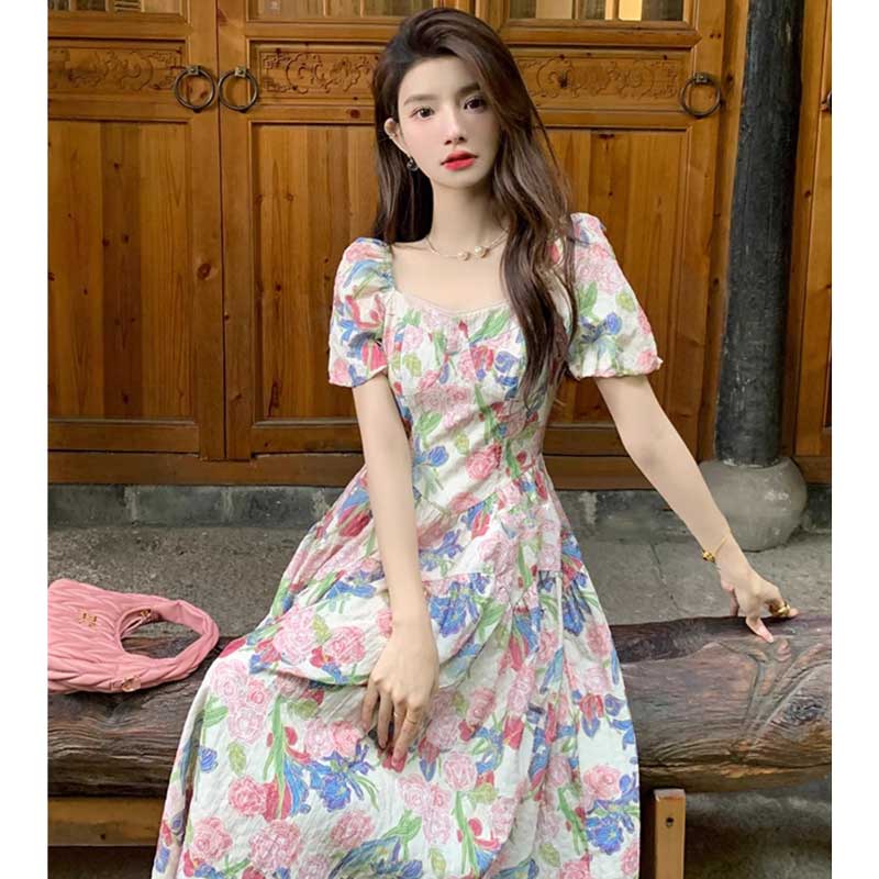 パフスリーブフラワーワンピース