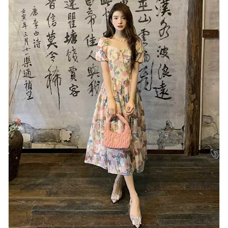 パフスリーブフラワーワンピース