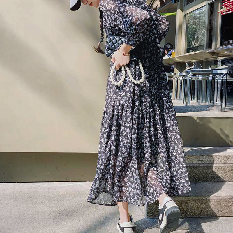 花柄シフォンティアードワンピース