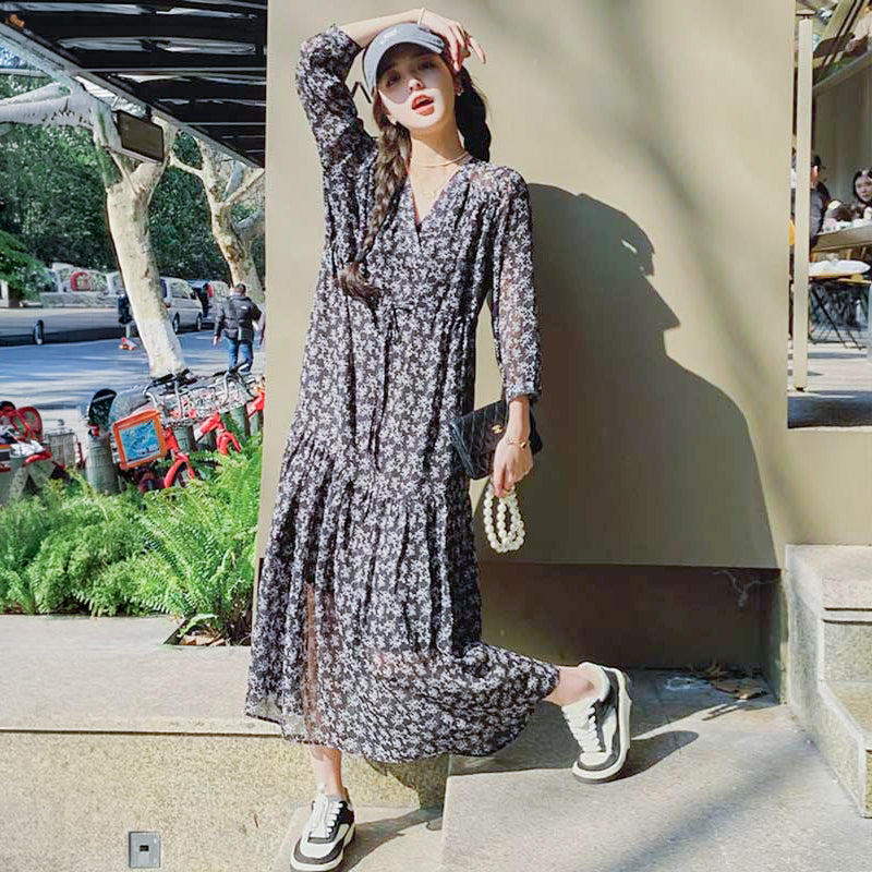 花柄シフォンティアードワンピース