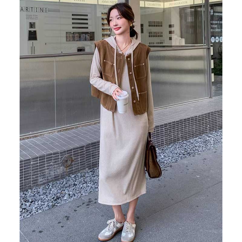 ステッチベスト×フーディーワンピース(2colors)