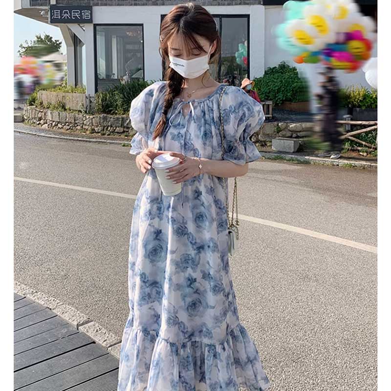 裾フレアブルーローズワンピース