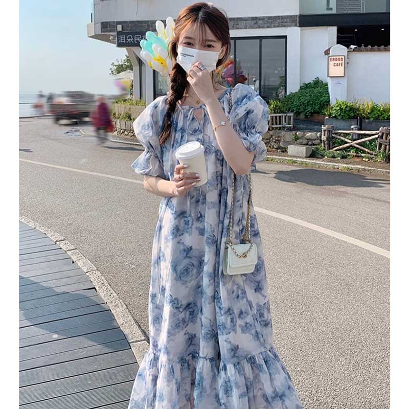 裾フレアブルーローズワンピース