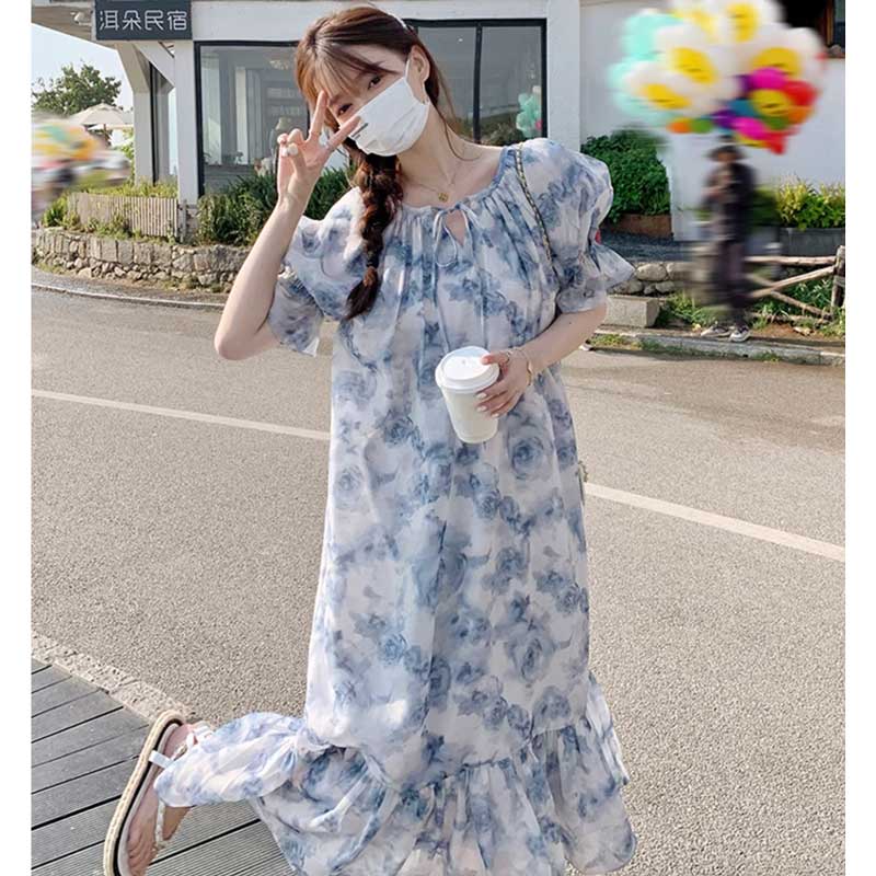 裾フレアブルーローズワンピース