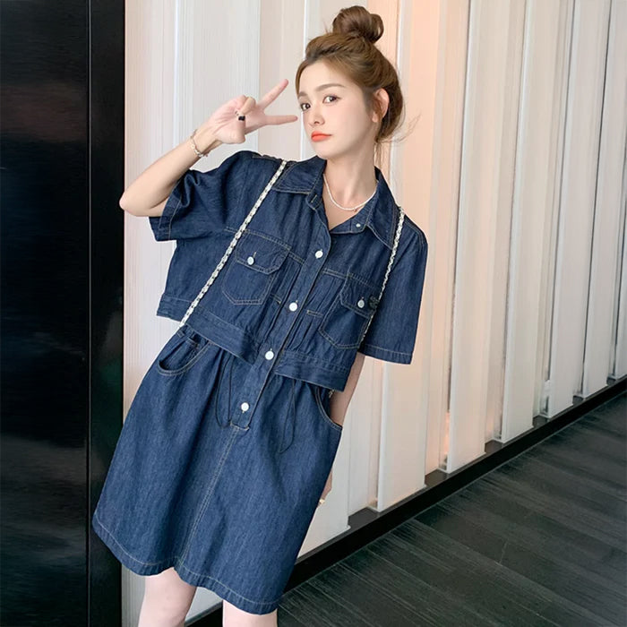 ワイドデニムワンピース(2colors)（ピンク・青）春/夏 セットアップ風