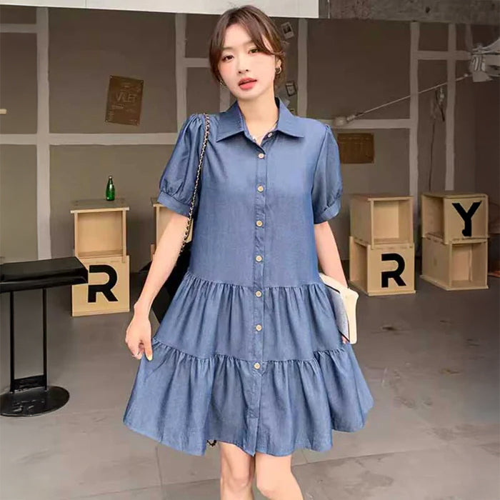 ミニ丈デニムティアードワンピース