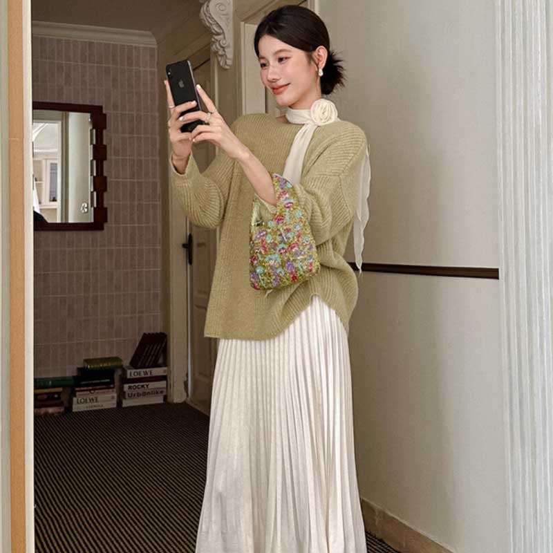 スカーフリボン付きラウンドネックニット(3colors)